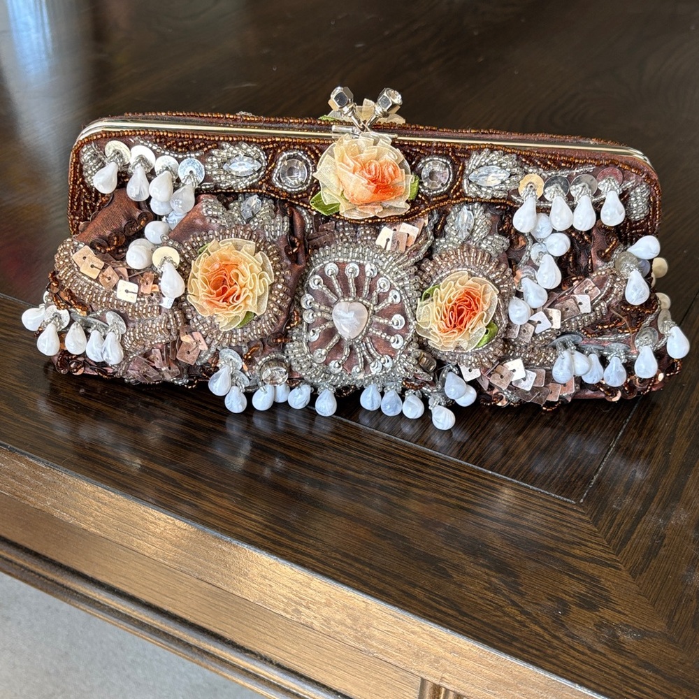 Embellished Beaded Clutch Floral Pearl Fringe Evening Bag Vintage Style